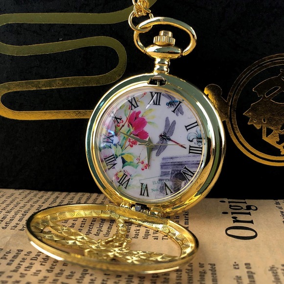 Dragonfly NEW Pocket Watch Dragon Fly Insect Gold Crystal Jewel - Picture 2 of 5